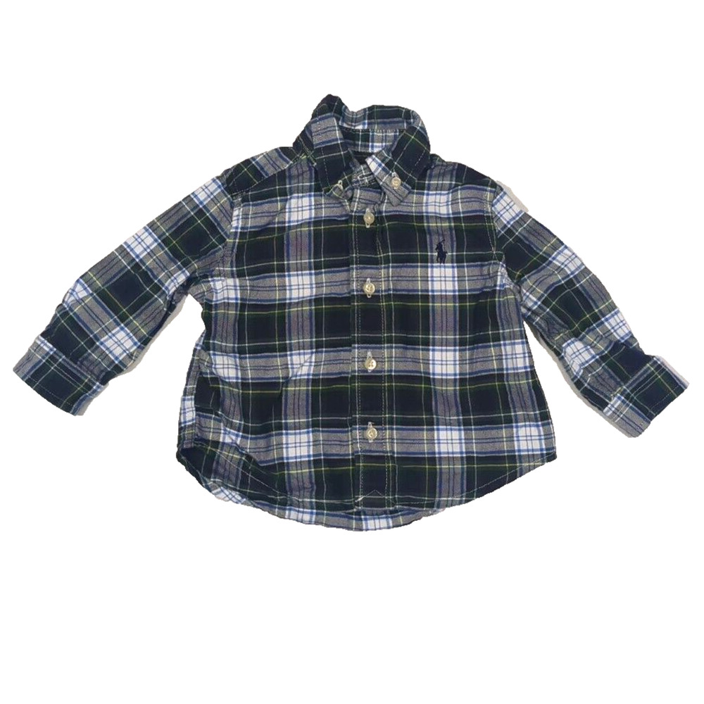 Ralph Lauren Baby Boy 9 Months Button Down Shirt Green Blue Plaid Long Sleeve